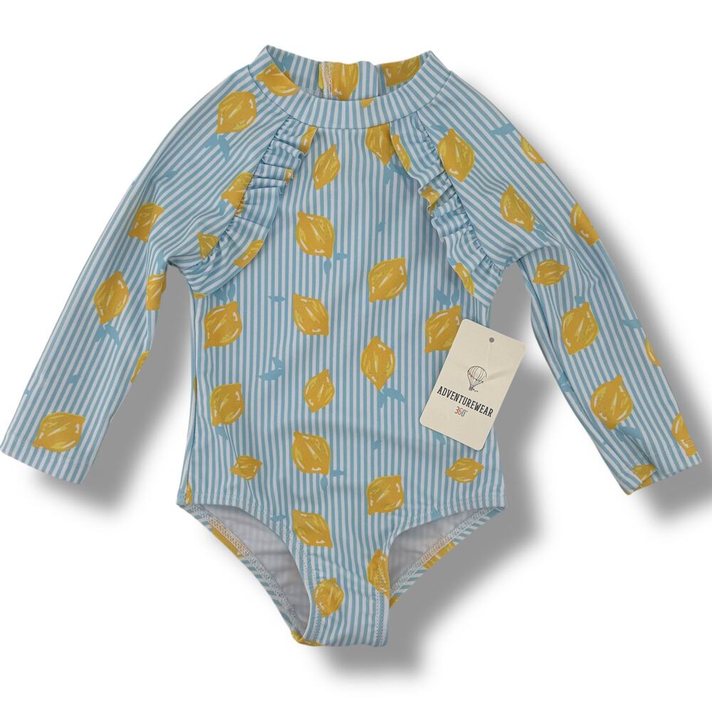 Fresh Lemon Stripe Ruffle Long Sleeve Rashguard Swim Suit Baby Girl Sz 24 Mos